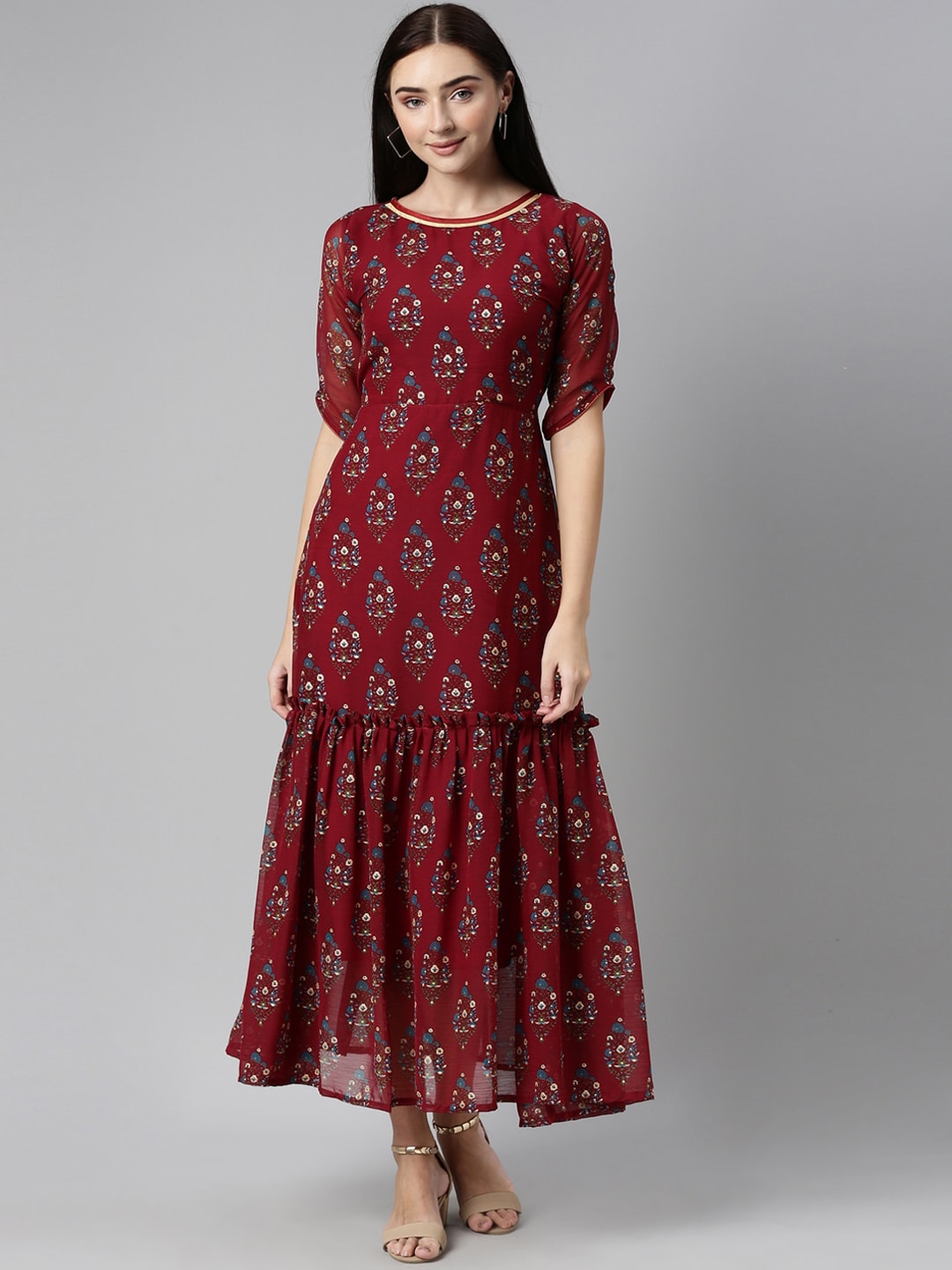 Souchii Maroon & Blue Ethnic Motifs Chiffon Maxi Dress - Distacart