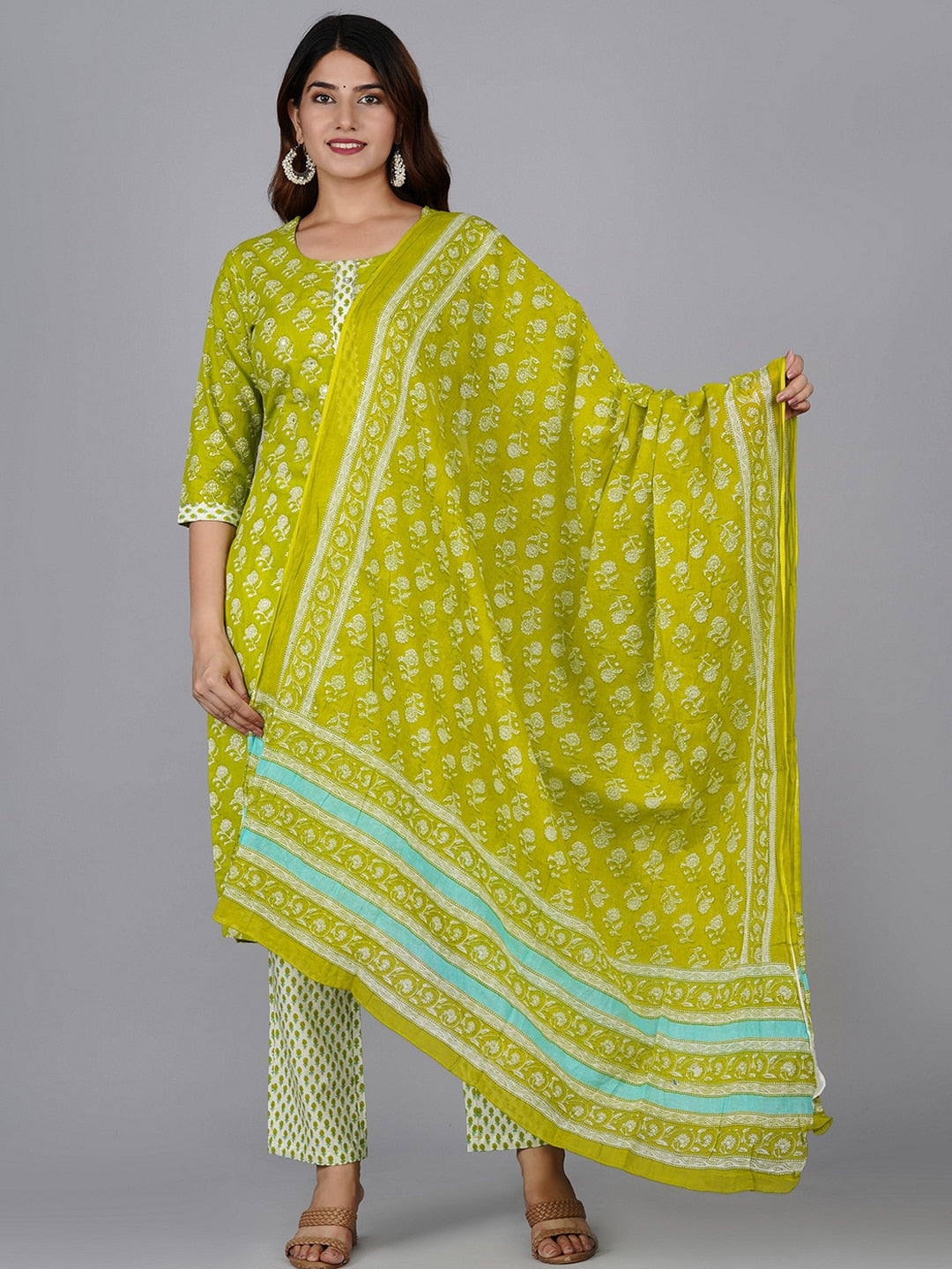 Kalini Women Floral Printed Gotta Patti Pure Cotton Kurta With Trousers & Dupatta - Distacart