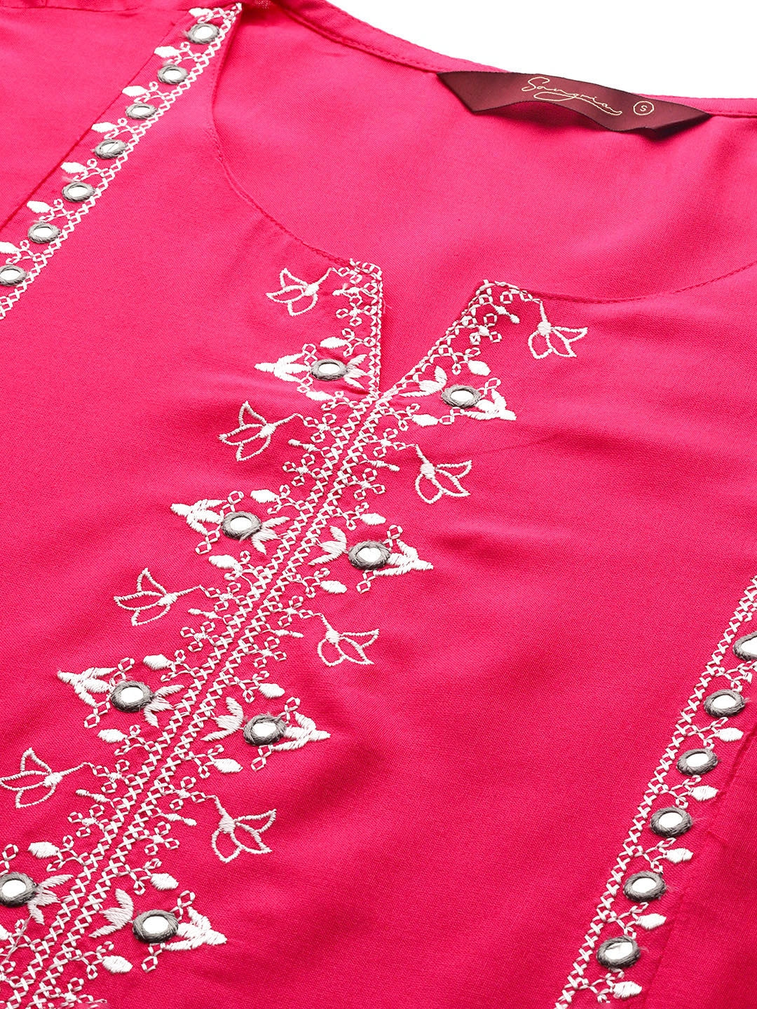 Sangria Floral Embroidered Mirror Work Kurta - Distacart