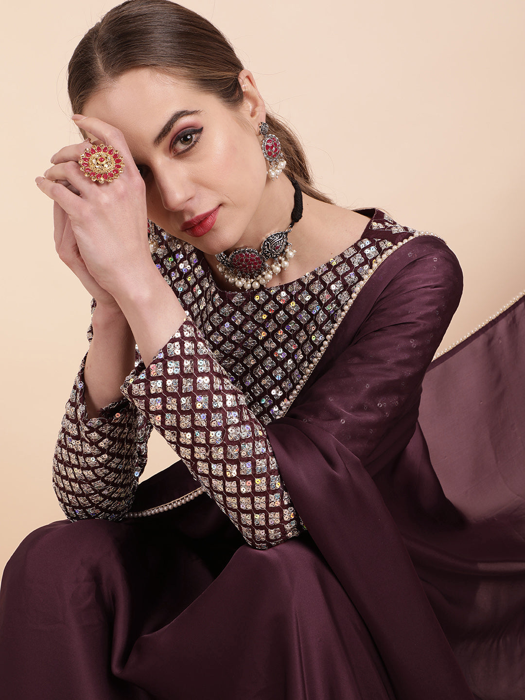 Sangria Burgundy Sequinned Satin Saree - Distacart