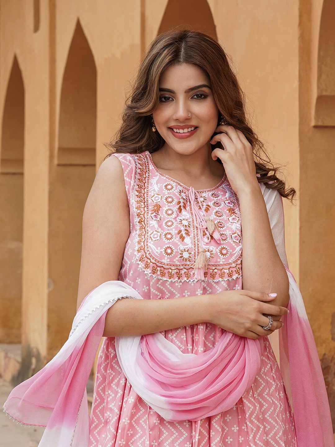 Kalini Geometric Printed Tie-Up Neck Thread Work A-Line Kurta with Sharara & Dupatta - Distacart