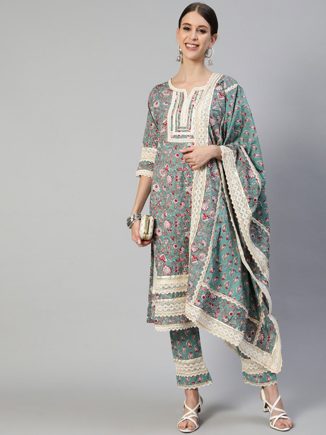 Ishin Women Green Ethnic Motifs Pleated Pure Cotton Kurti with Trousers & Dupatta - Distacart