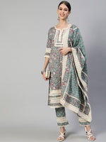 Thumbnail for Ishin Women Green Ethnic Motifs Pleated Pure Cotton Kurti with Trousers & Dupatta - Distacart