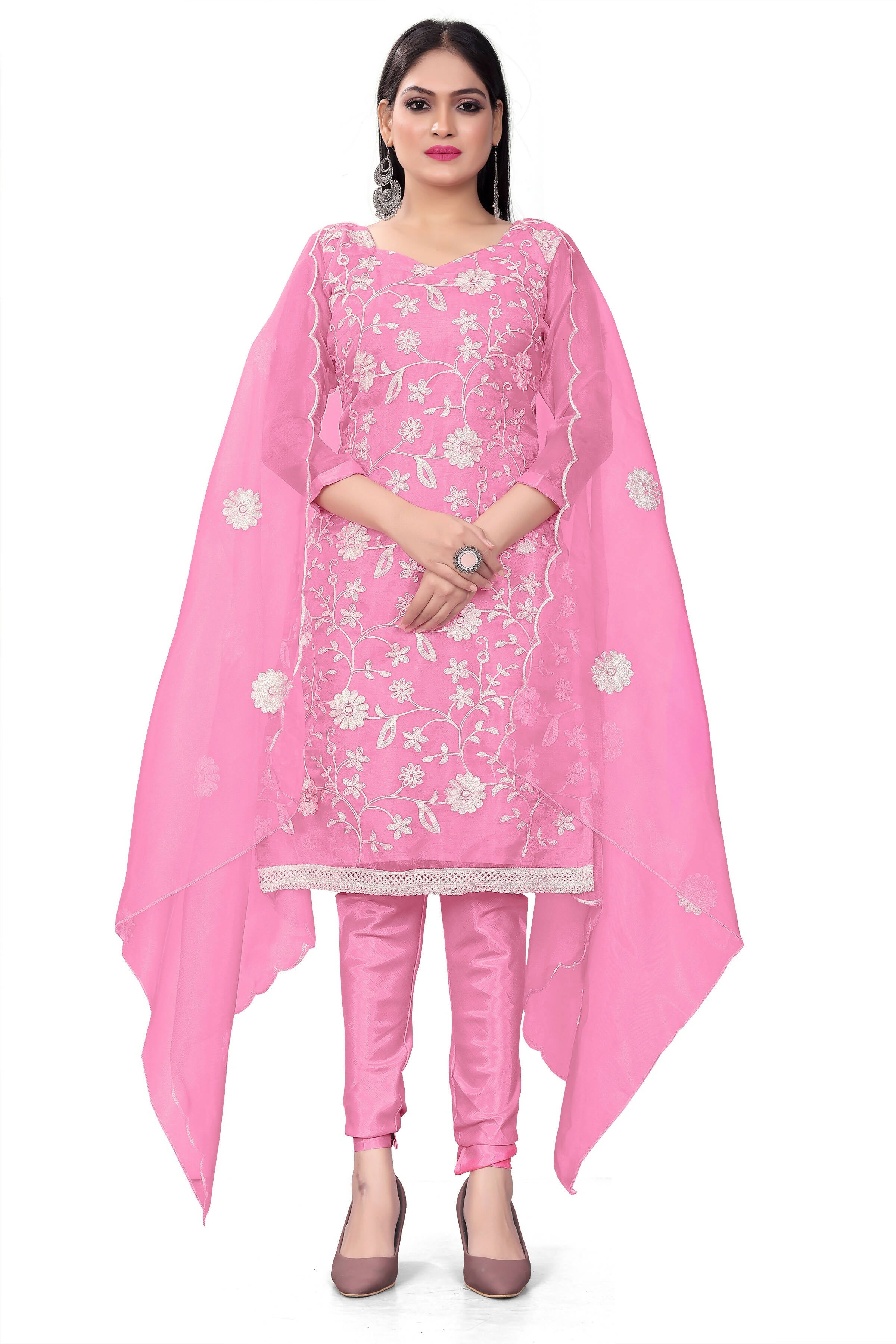 Pink Organza Silk Embroidered Work Unstitched Dress Material - Tanvi - Distacart