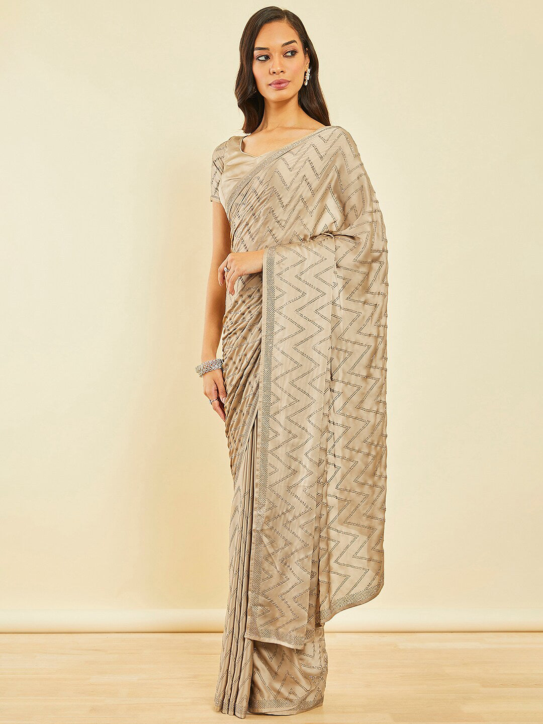 Soch Beige Embellished Beads and Stones Saree - Distacart
