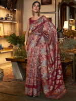 Thumbnail for Mitera Maroon & Blue Floral Zari Banarasi Saree - Distacart