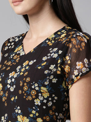 Souchii Black Floral Chiffon Maxi Dress - Distacart