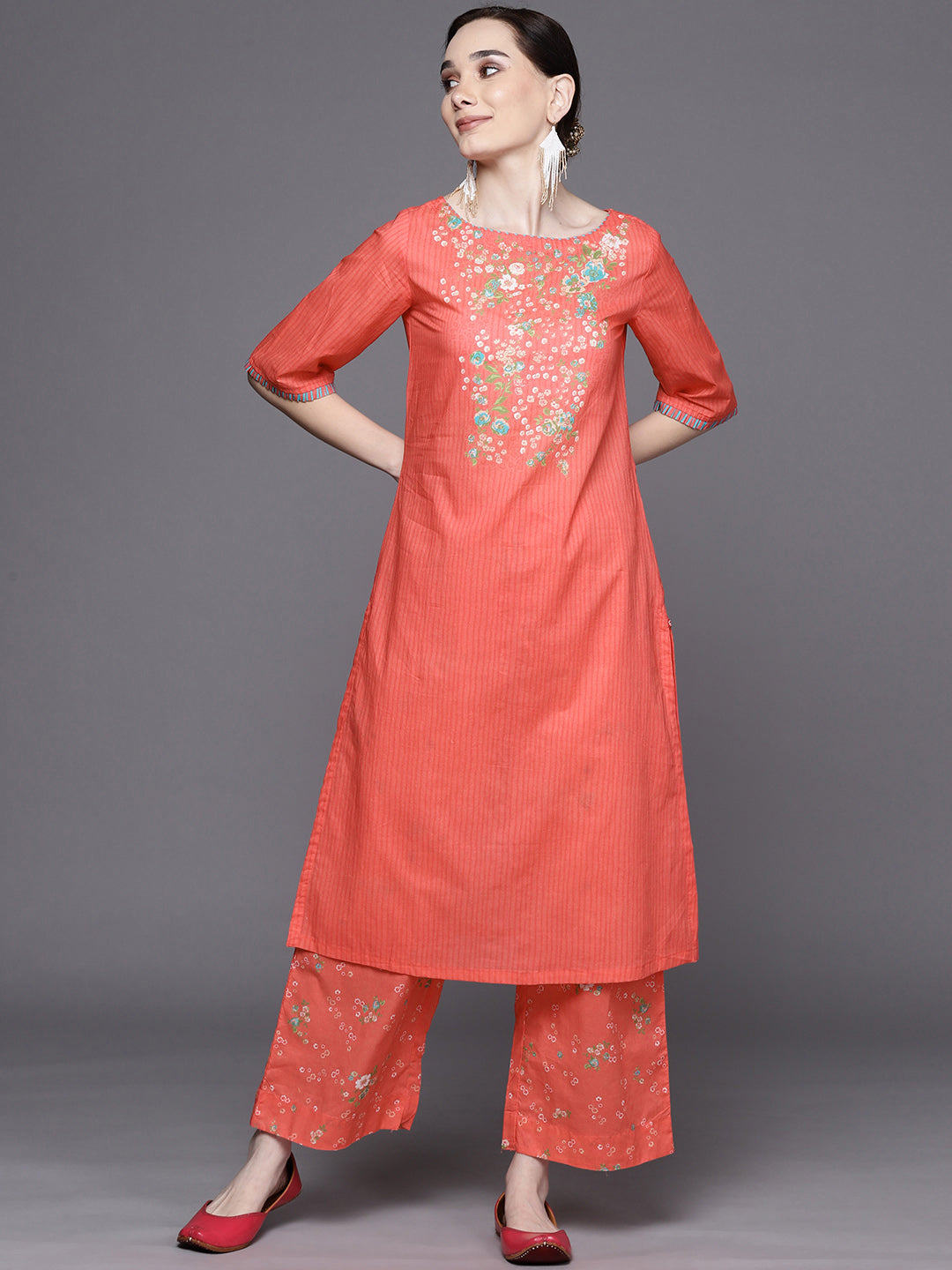 Biba Women Peach-Coloured Floral Yoke Design Pure Cotton Kurta with Palazzos - Distacart