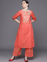 Thumbnail for Biba Women Peach-Coloured Floral Yoke Design Pure Cotton Kurta with Palazzos - Distacart