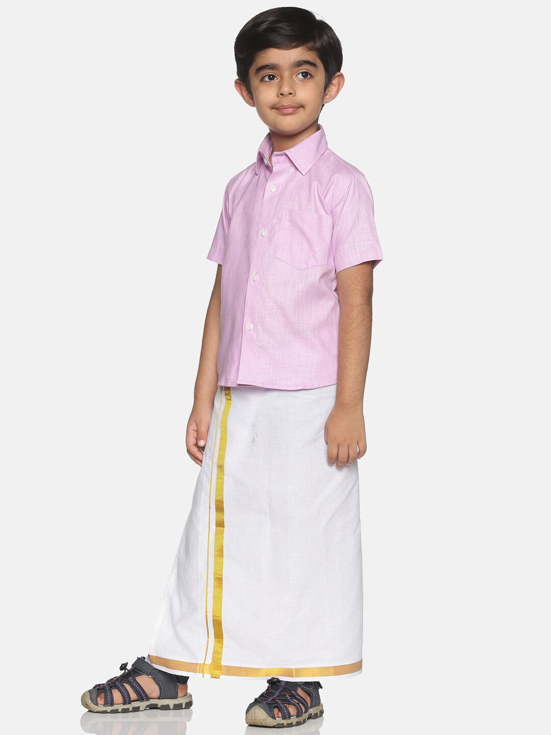 Sethukrishna Pink & White Solid Shirt and Veshti Set For Boys - Distacart