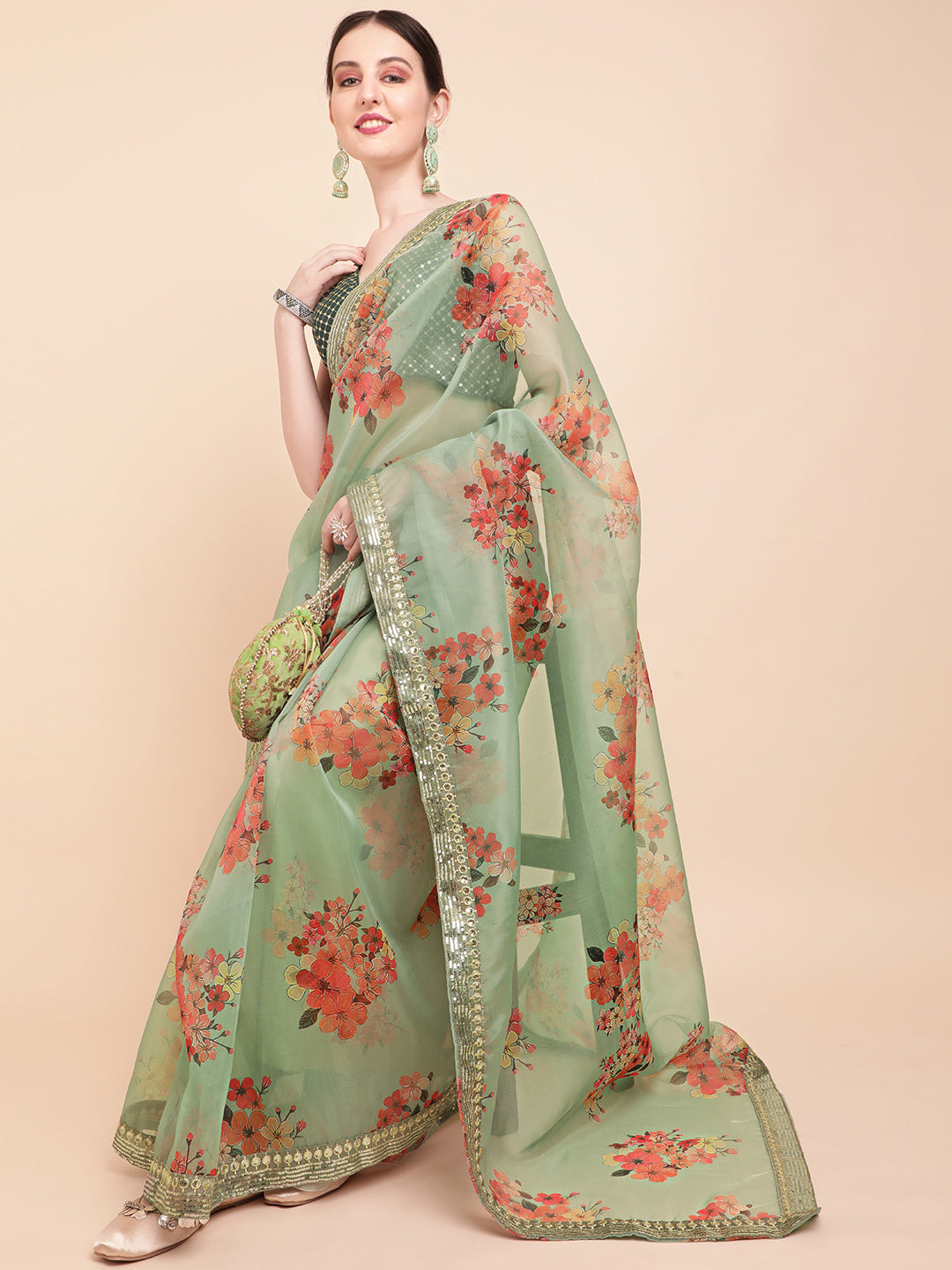 Sangria Olive Green & Red Floral Printed Organza Saree With Sequinned Blouse piece - Distacart