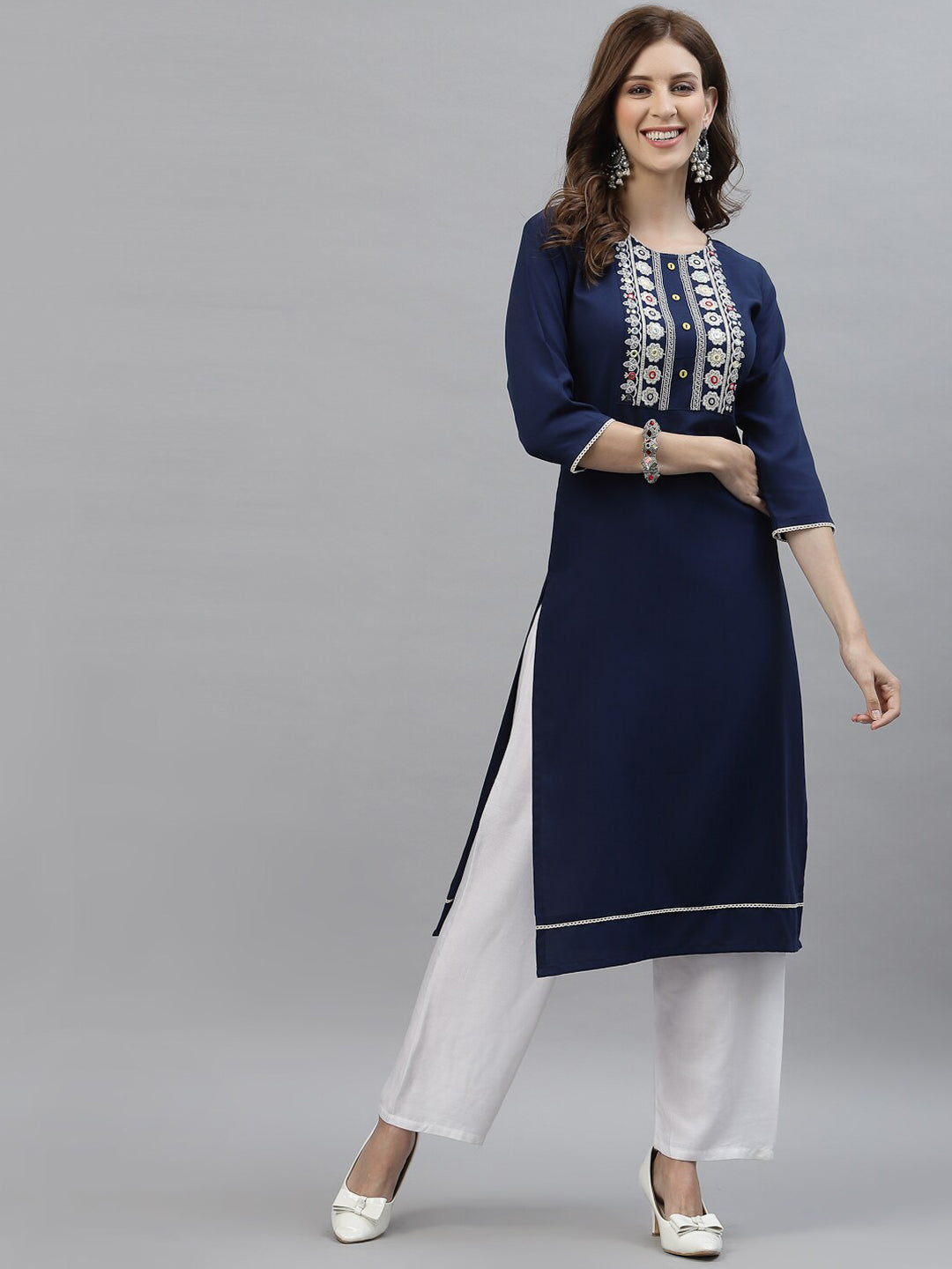 Kalini Women Blue Poly Viscose Rayon Embroidered Kurta - Distacart