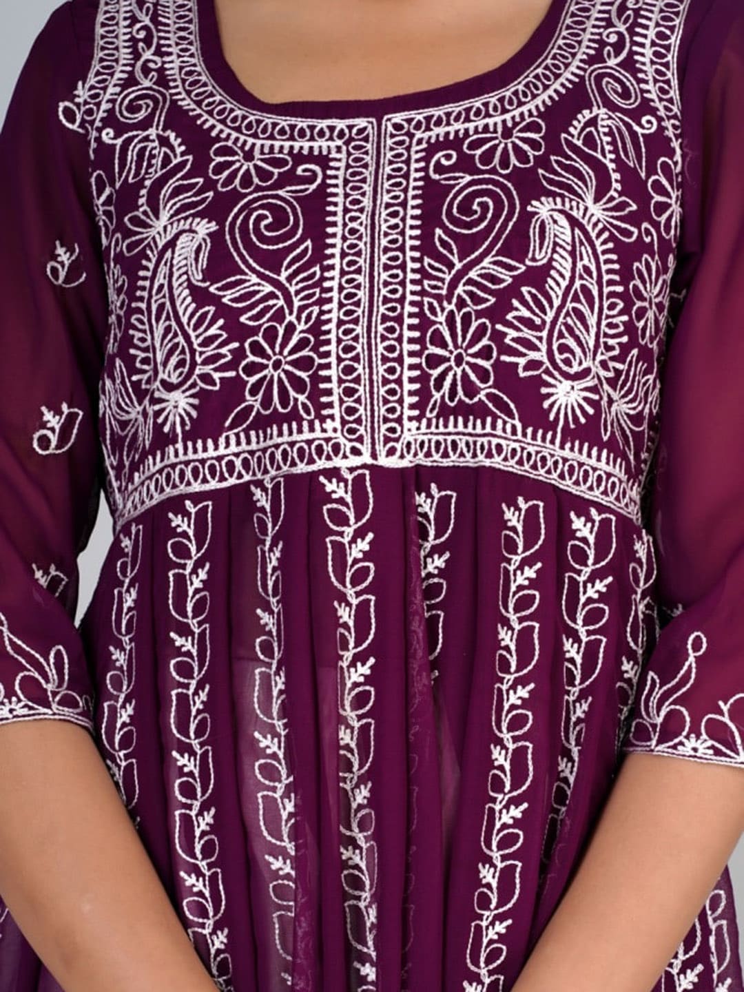 HERE&NOW Purple & White Floral Embroidered Paneled Georgette Anarkali Kurta - Distacart