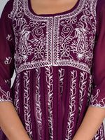 Thumbnail for HERE&NOW Purple & White Floral Embroidered Paneled Georgette Anarkali Kurta - Distacart