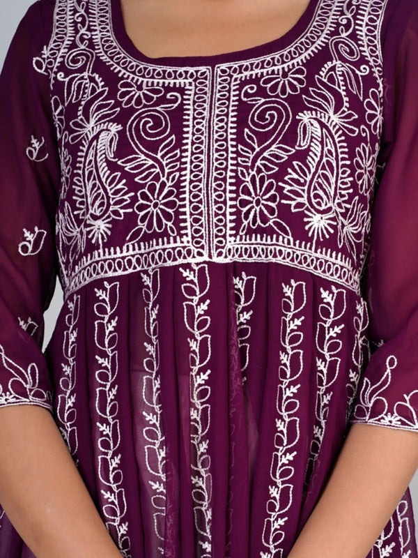 HERE&NOW Purple & White Floral Embroidered Paneled Georgette Anarkali Kurta - Distacart