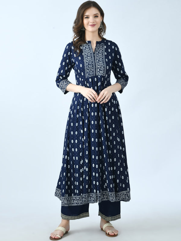 Kalini Ethnic Motifs Printed Mandarin Collar Anarkali Kurta With Palazzos - Distacart