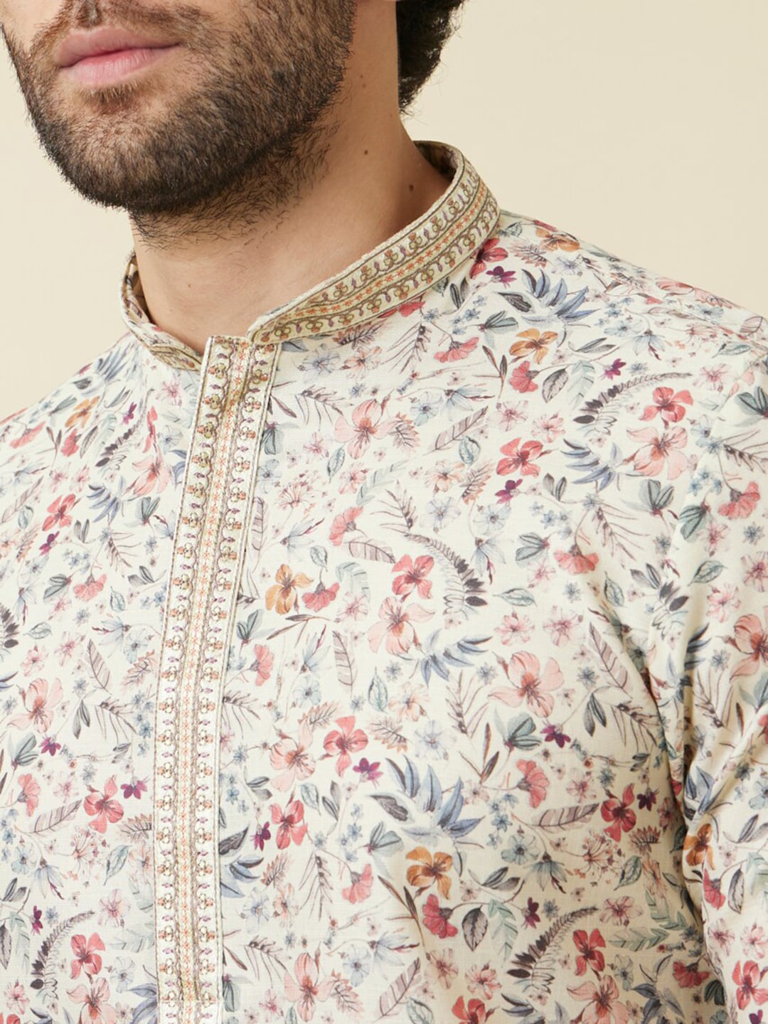 Manyavar Mandarin Collar Floral Printed Regular Pure Cotton Kurta with Churidar - Distacart