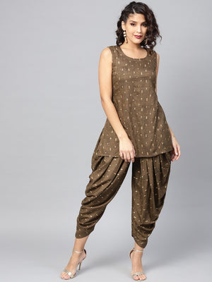Libas Olive Brown & Golden Printed Kurti with Dhoti Pants & Ethnic Jacket - Distacart