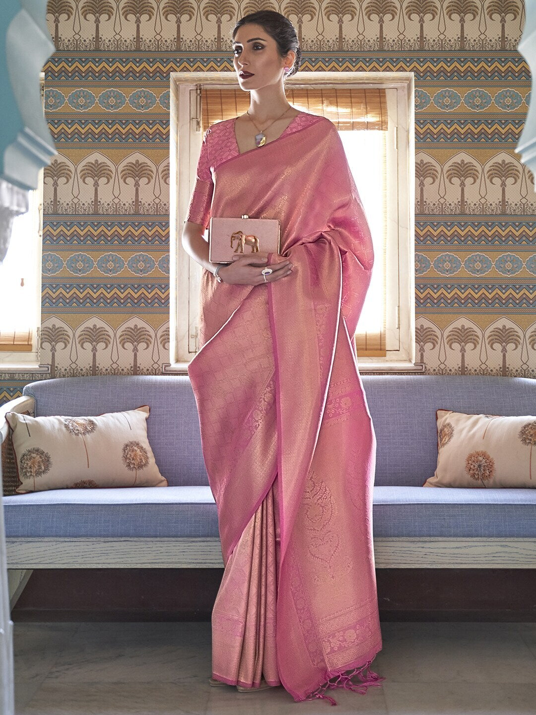Mitera Pink & Gold-Toned Ethnic Motifs Zari Silk Blend Kanjeevaram Saree - Distacart