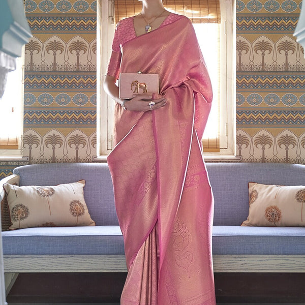 Mitera Pink & Gold-Toned Ethnic Motifs Zari Silk Blend Kanjeevaram Saree - Distacart