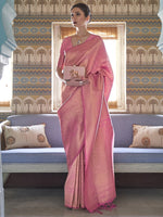 Thumbnail for Mitera Pink & Gold-Toned Ethnic Motifs Zari Silk Blend Kanjeevaram Saree - Distacart