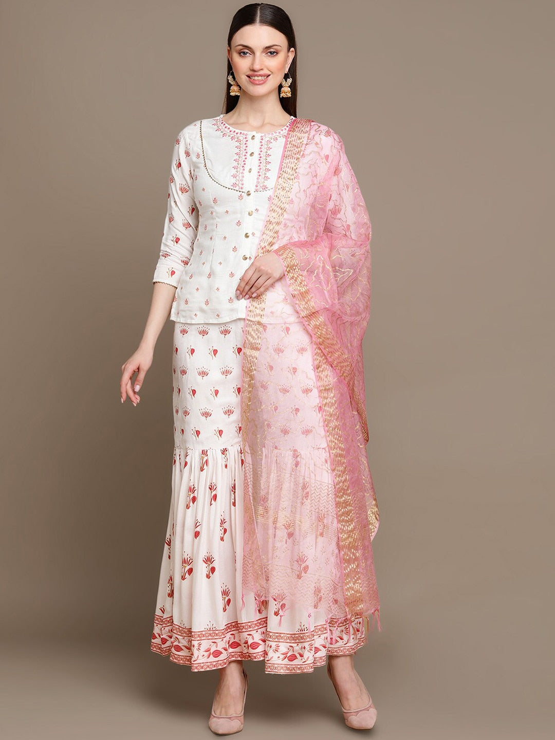 HERE&NOW Floral Embroidered Top with Sharara & Dupatta - Distacart