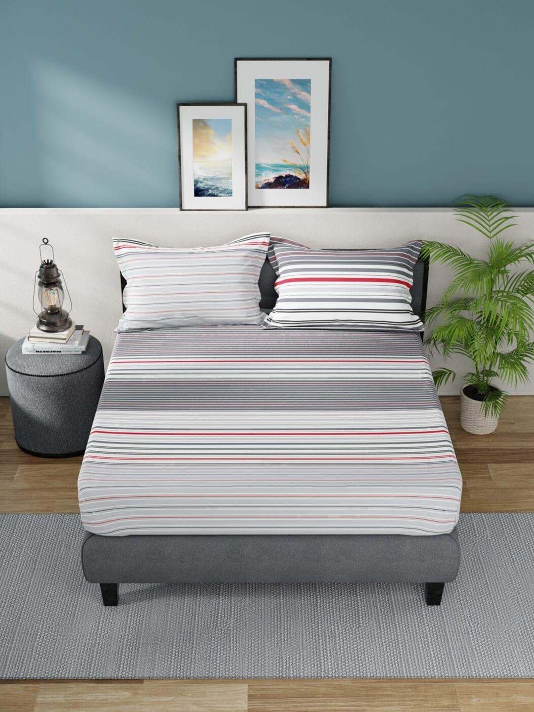 Nautica Bradford Grey & White Striped Cotton 160 TC King Bedsheet With 2 Pillow Covers - Distacart