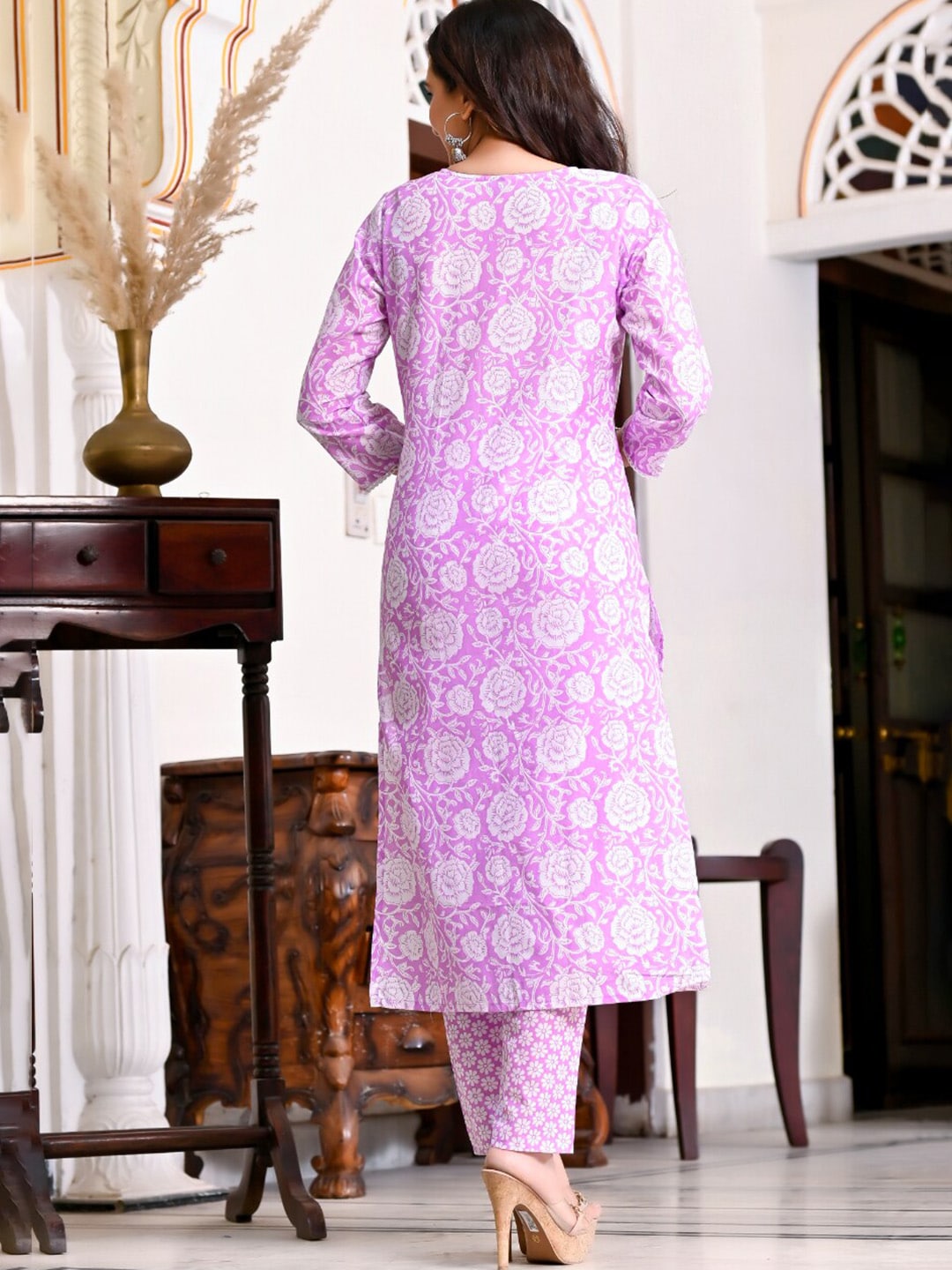 Kalini Floral Printed Lace Insert Detail Straight Kurta with Trousers - Distacart