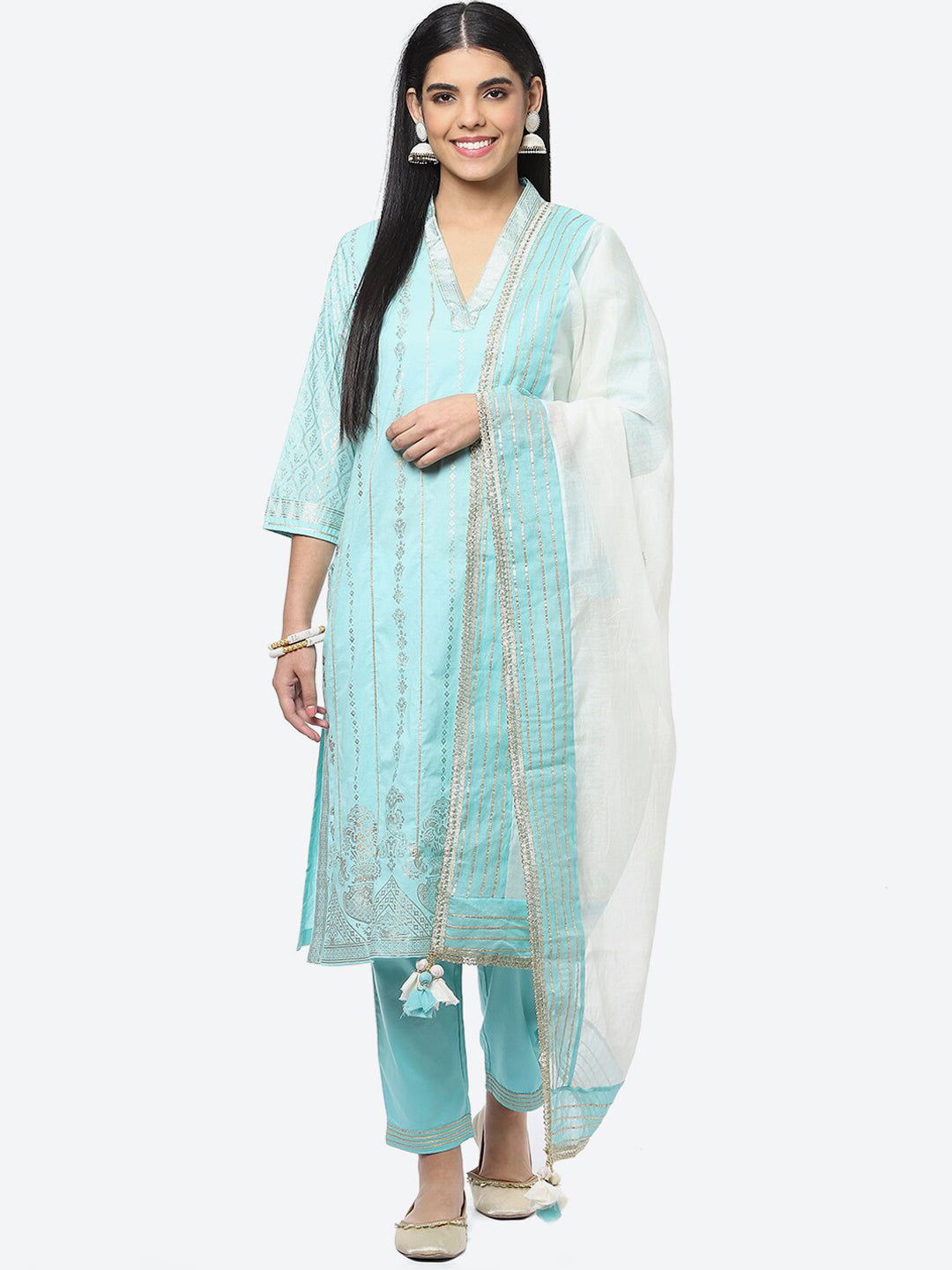 Biba Ethnic Motifs Printed Sequinned Cotton Kurta with Trousers & With Dupatta - Distacart