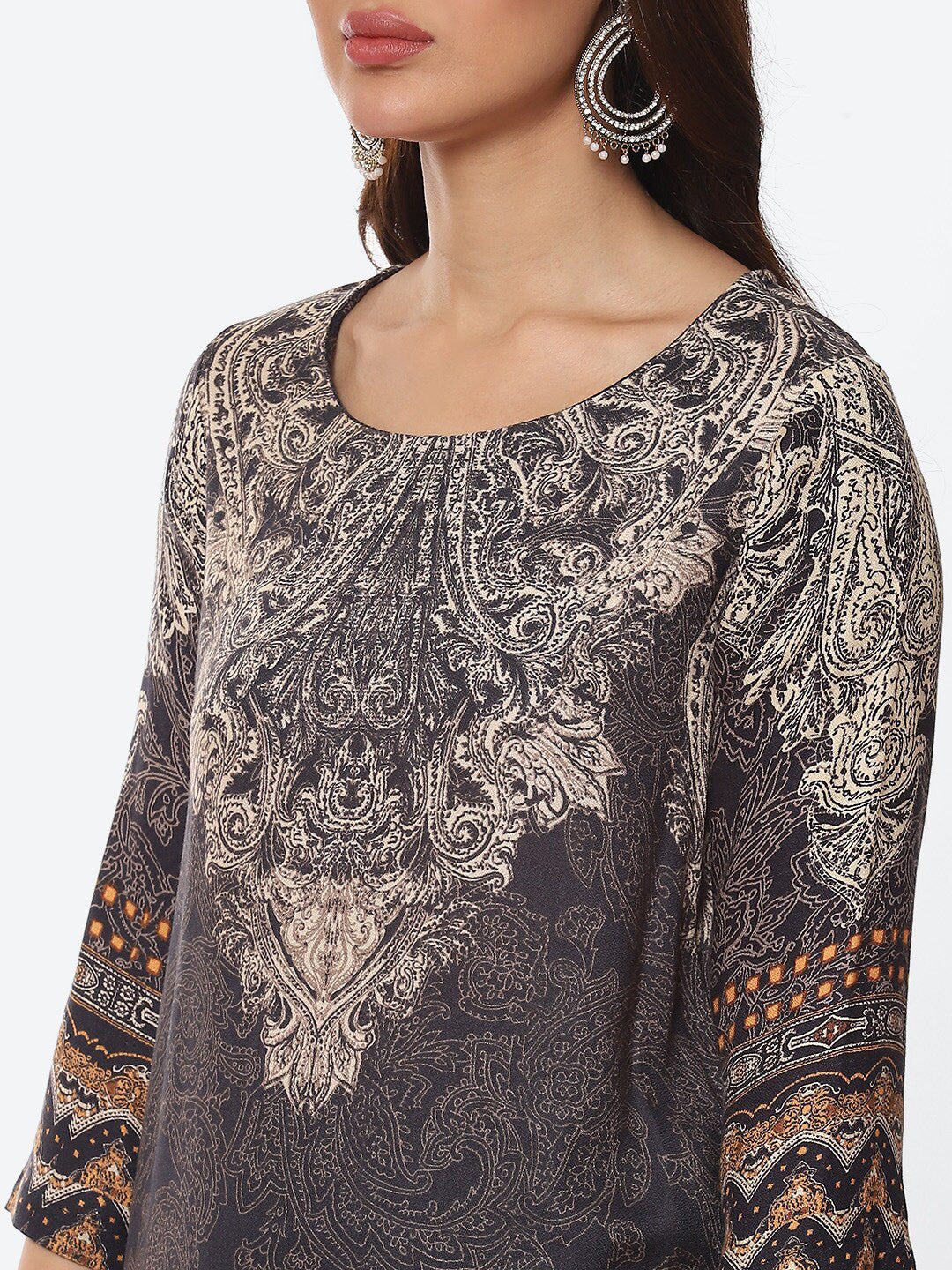Biba Women Grey & Beige Ethnic Motifs Printed Straight Fit Kurta - Distacart