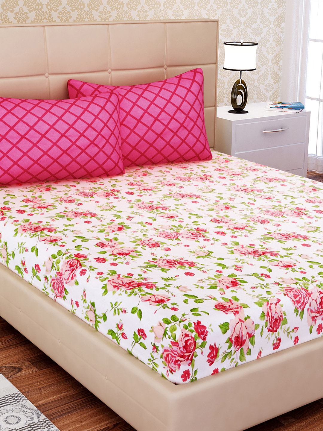 SEJ by Nisha Gupta White & Pink Floral 144 TC Cotton 1 King Bedsheet with 2 Pillow Covers - Distacart