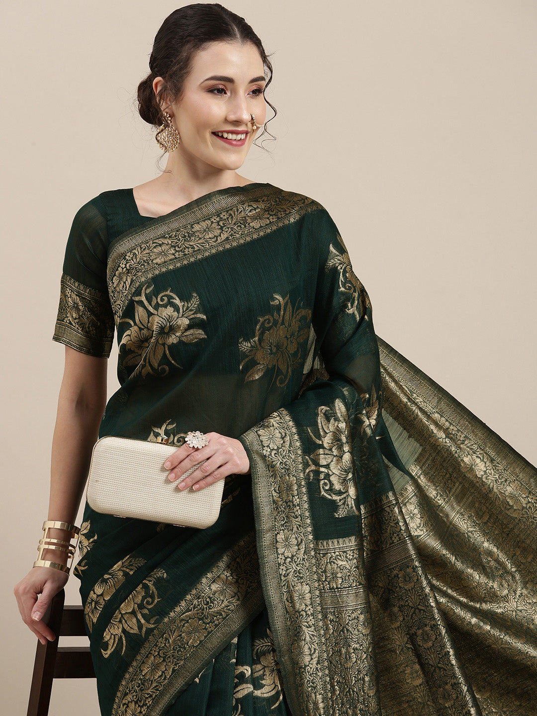 Saree Mall Green Floral Linen Blend Banarasi Saree - Distacart