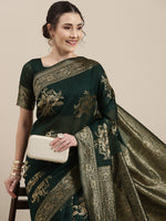 Thumbnail for Saree Mall Green Floral Linen Blend Banarasi Saree - Distacart