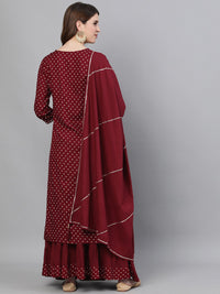 Thumbnail for Ishin Women Maroon Floral Embroidered Angrakha Kurta with Skirt & Dupatta - Distacart