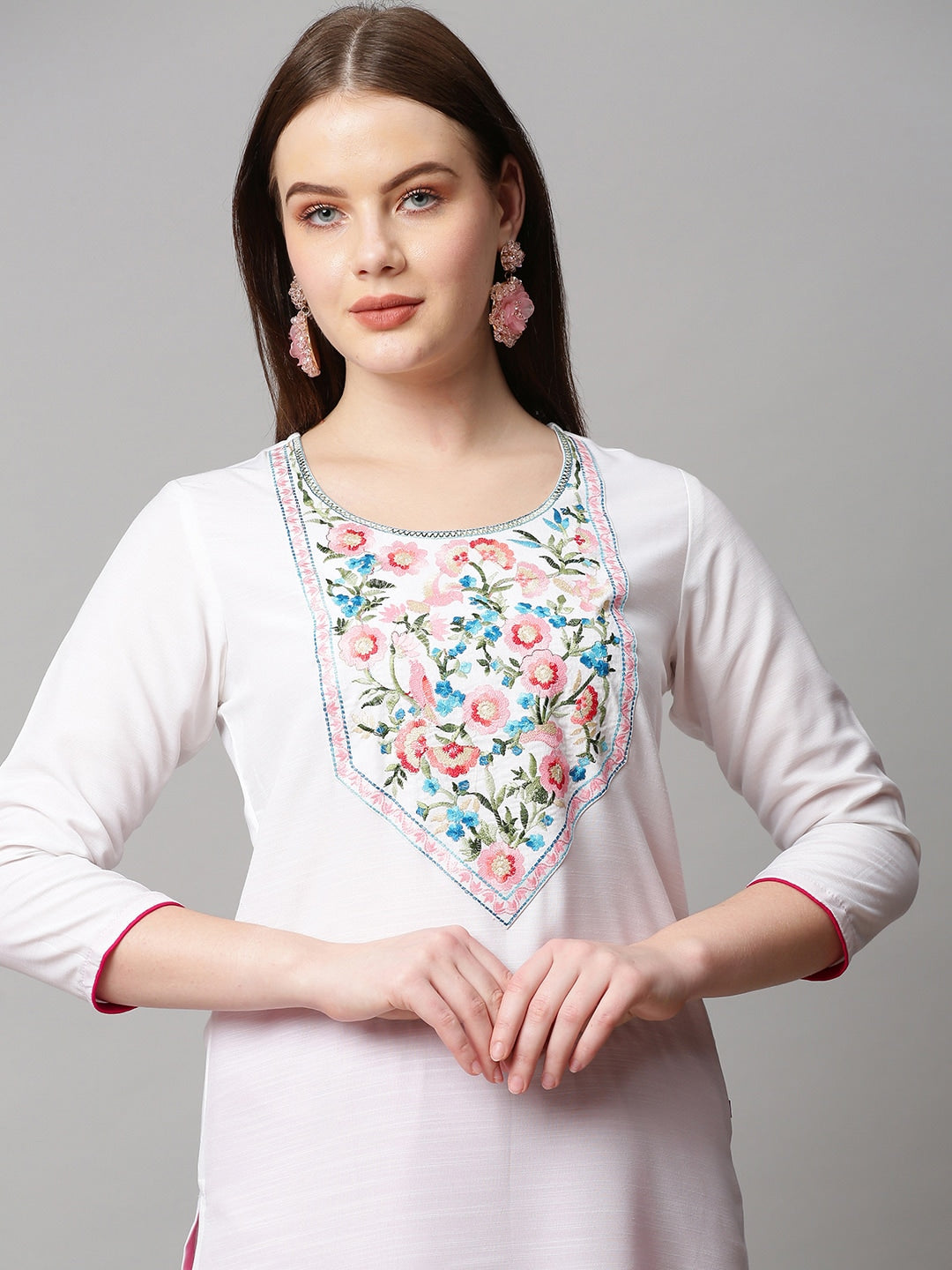 Kalini Women White Floral Yoke Design Kurta with Trousers & Dupatta - Distacart