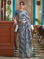 Thumbnail for Mitera Navy Blue & Grey Woven Design Linen Blend Muga Saree - Distacart