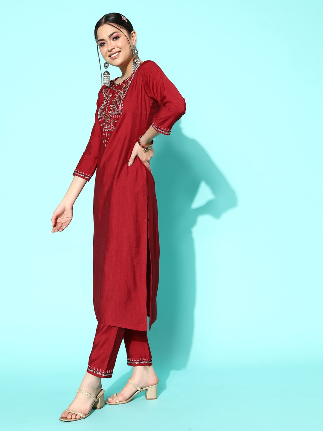 Sangria Women Maroon Ethnic Motifs Embroidered Thread Work Kurta With Trousers & Dupatta - Distacart