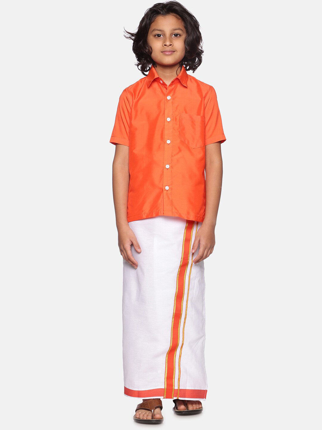 Sethukrishna Orange & White Solid Shirt with Dhoti Set For Boys - Distacart