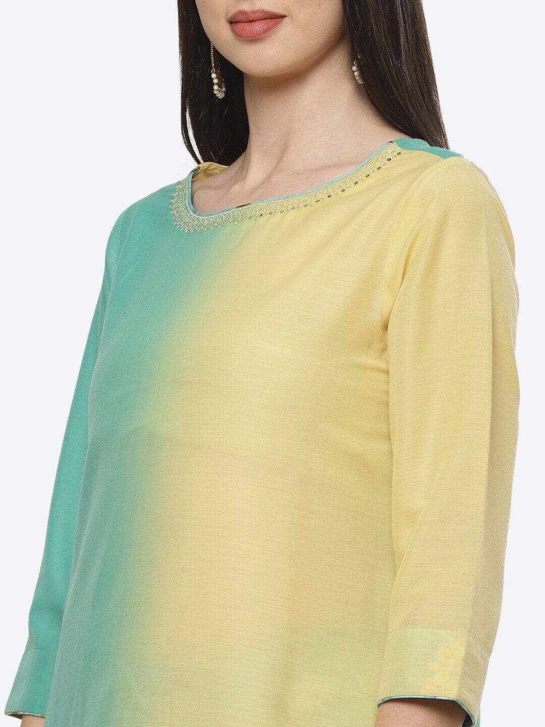 Biba Women Sea Green & Yellow Kurta with Trousers & Dupatta - Distacart