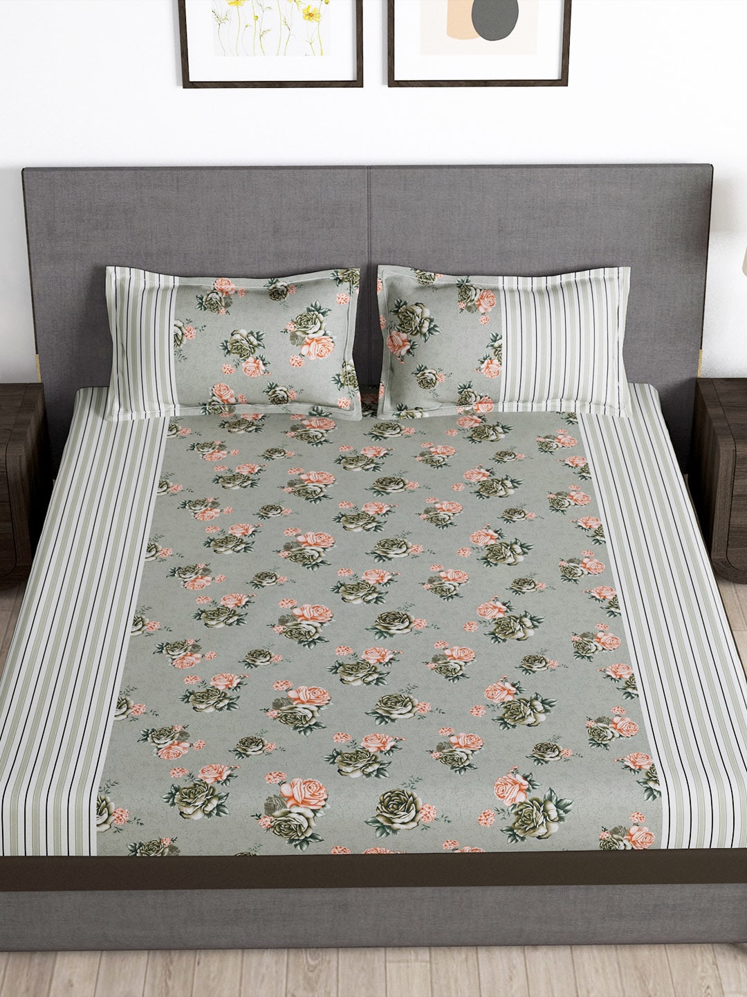 Story@home Arena Grey & Pink Floral Printed 180 TC Bedsheet & Pillow Covers - Distacart