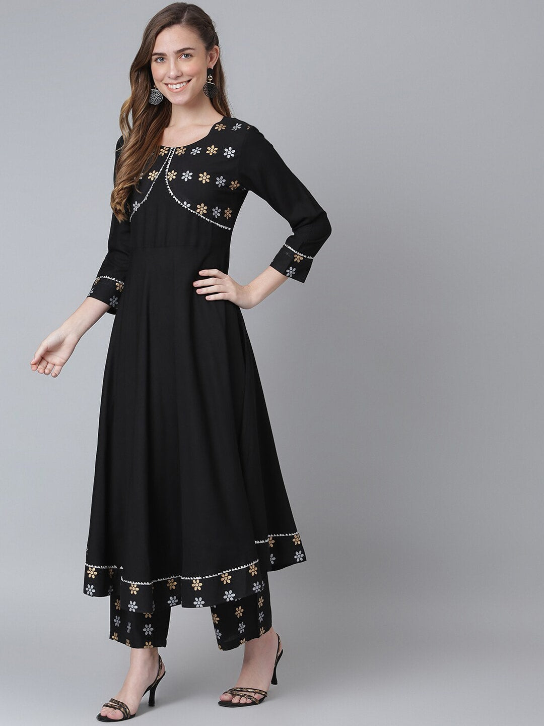 Khushal K Women Black Floral Yoke Design Kurta with Palazzos - Distacart