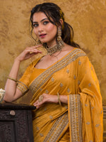 Thumbnail for Koskii Women Mustard & Gold-Toned Embroidered Art Silk Heavy Work Saree - Distacart