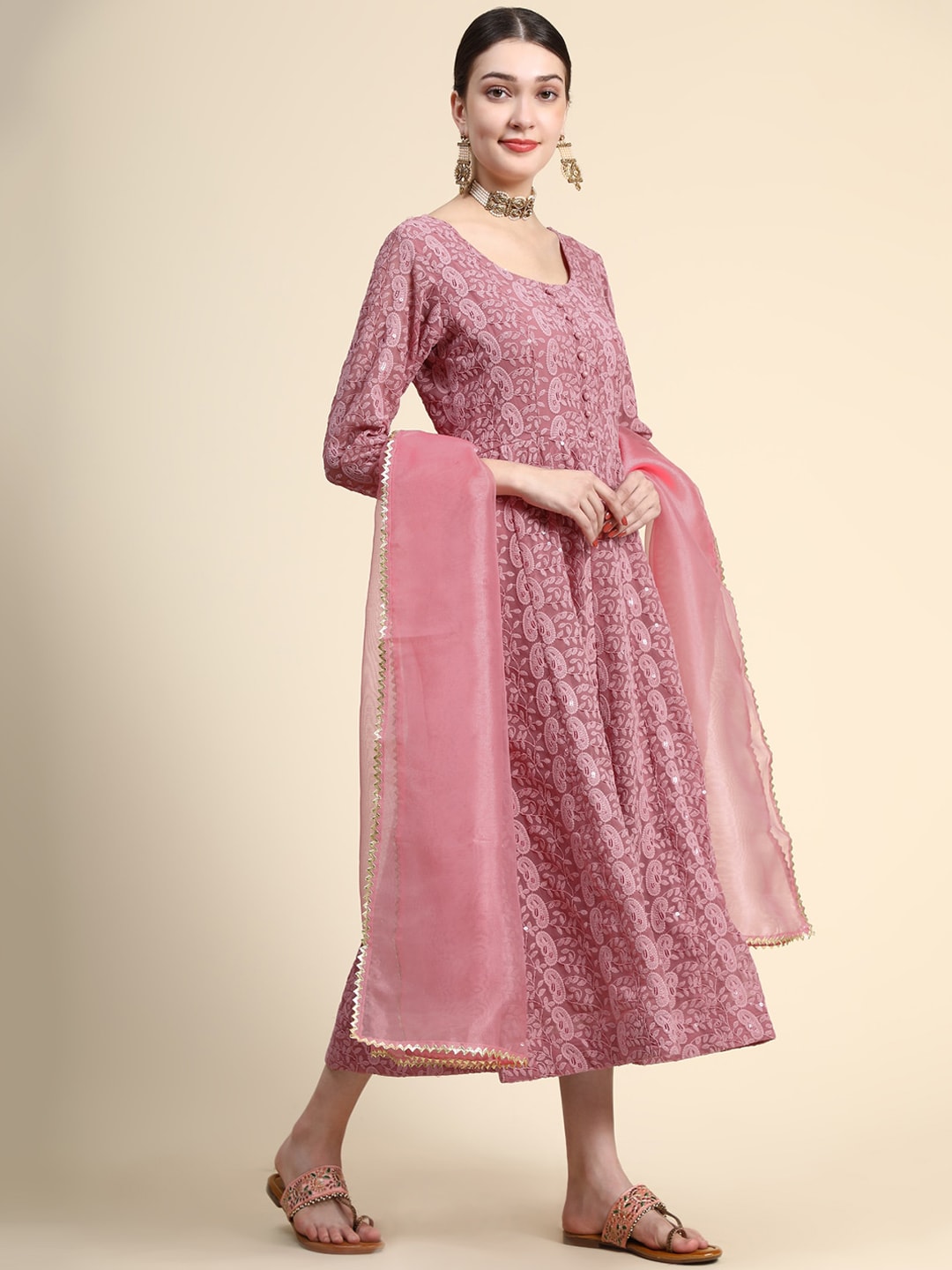 Kalini Paisley Embroidered Chikankari Georgette Anarkali Kurta With Dupatta Set - Distacart