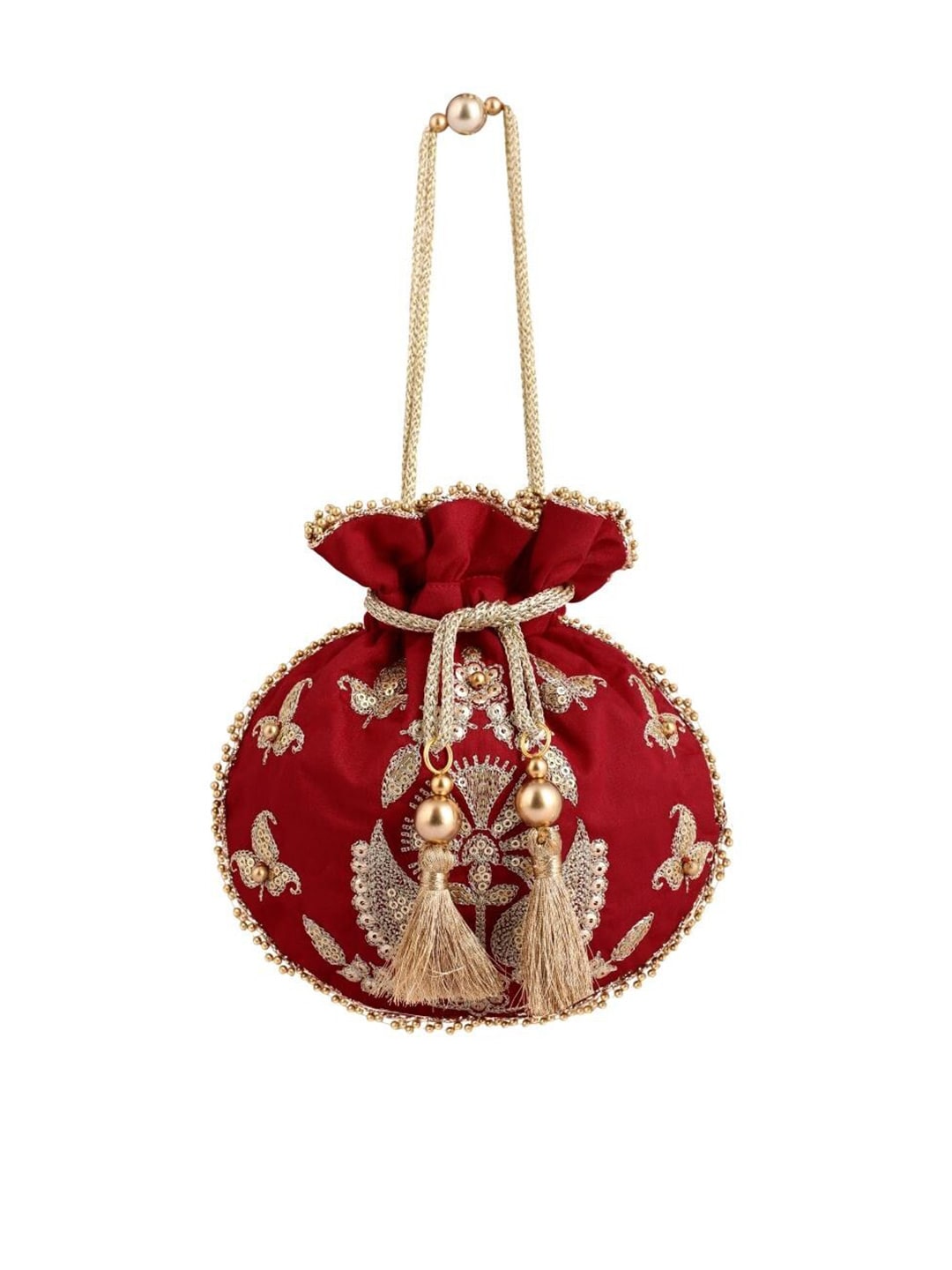 Masq Red & Gold-Toned Embellished Embroidered Potli Clutch - Distacart