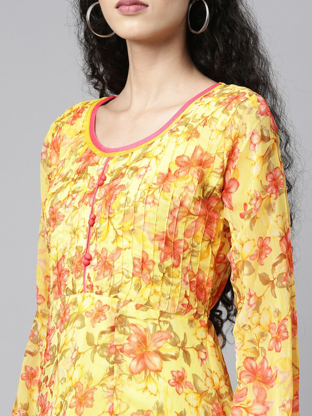 Souchii Yellow Floral Layered Chiffon A-Line Midi Dress - Distacart