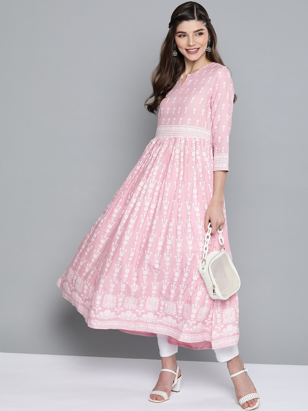 HERE&NOW Women Pink & White Ethnic Motifs Printed Anarkali Kurta - Distacart
