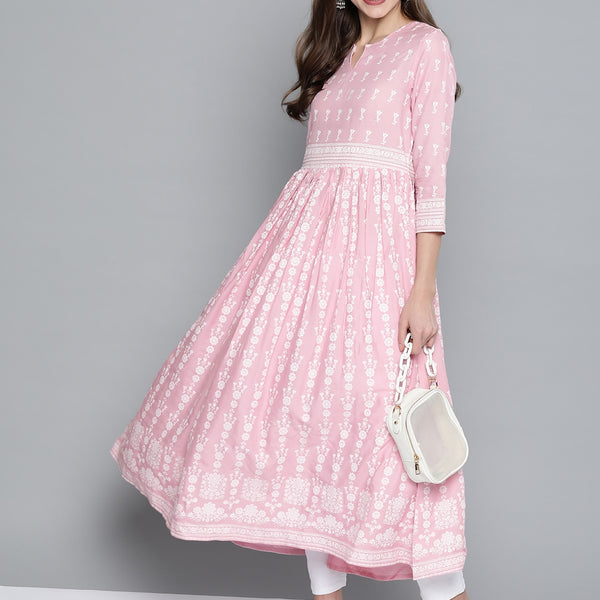 HERE&NOW Women Pink & White Ethnic Motifs Printed Anarkali Kurta - Distacart