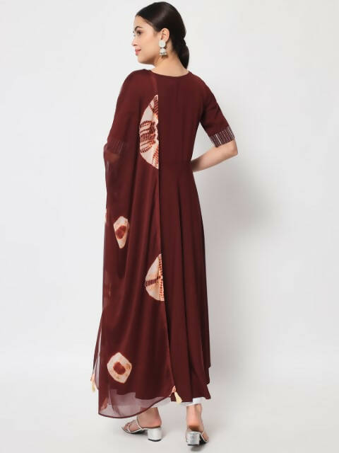 FIORRA Women's Maroon Poly Crepe Flared Kurta With Dupatta - Distacart