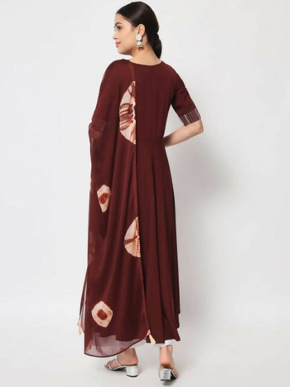 FIORRA Women's Maroon Poly Crepe Flared Kurta With Dupatta - Distacart