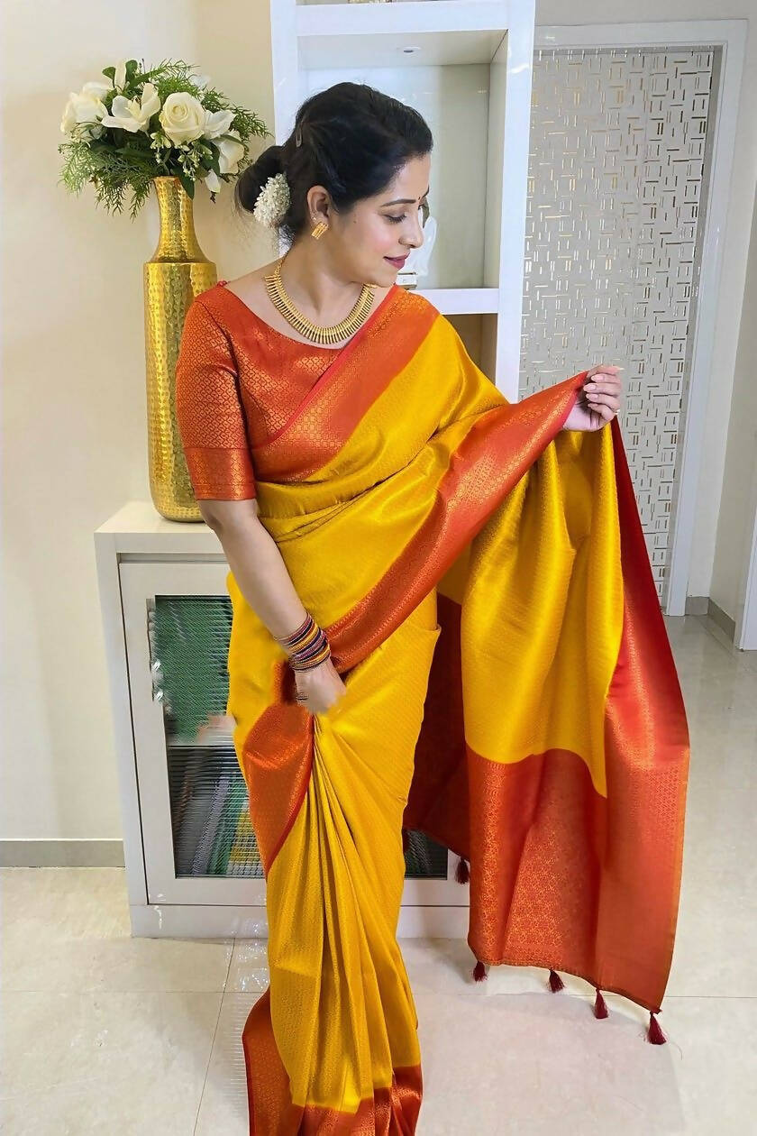 DEIANA'S Beautiful Golden Jari with New Design Soft Lichi Silk Saree - Yellow - Distacart